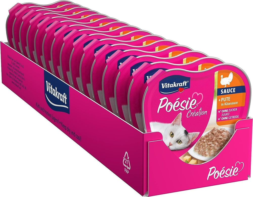 Vitakraft Poésie Création, hrană umedă pentru pisici, hrană umedă pentru pisici în sos, cu curcan în sos de brânză, pachet multiplu, fără zahăr adăugat sau cereale (15 x 85g)