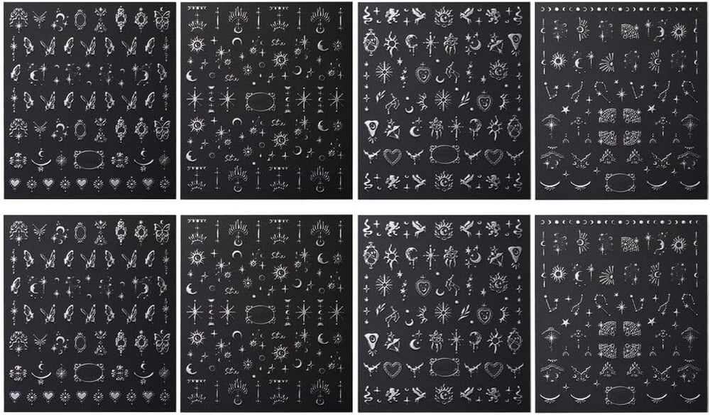 Autocolante 3D metalice argintii pentru unghii, autocolante pentru unghii pentru femei, stea, lună, soare, folie de unghii, autocolante autoadezive, autocolante fluture pentru unghii, autocolante pentru unghii, accesorii pentru design unghii, 8 bucăți