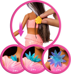 Barbie Meerjungfrauen-Spielzeugpuppe mit magischer Überraschungsblüte, Schwanzflosse mit Farbverlauf, perlenbesetztem Haarreif und langem braunen Haar mit violetten Strähchen, JDM73