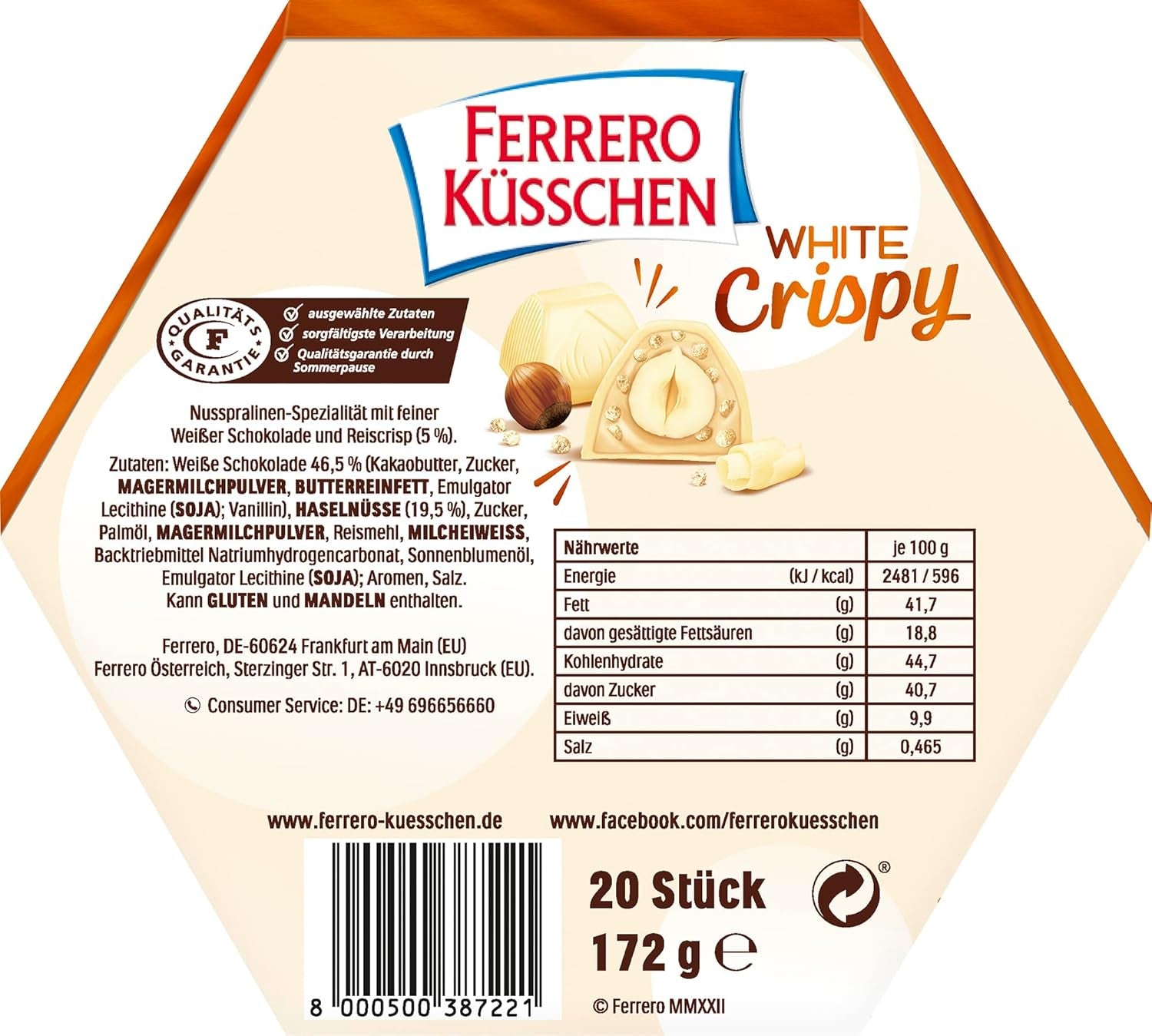 Ferrero Küsschen White Crispy – Valentinstagsgeschenk für Sie und Ihn – Knusprig geröstete Haselnüsse in heller Creme mit knusprigen Chips, umhüllt von weißer Schokolade, 1 Packung mit 20 einzelnen Pralinen