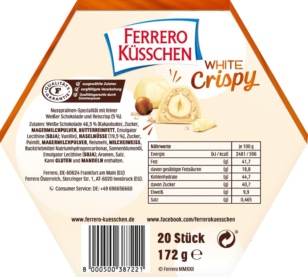 Ferrero Küsschen White Crispy – Valentinstagsgeschenk für Sie und Ihn – Knusprig geröstete Haselnüsse in heller Creme mit knusprigen Chips, umhüllt von weißer Schokolade, 1 Packung mit 20 einzelnen Pralinen