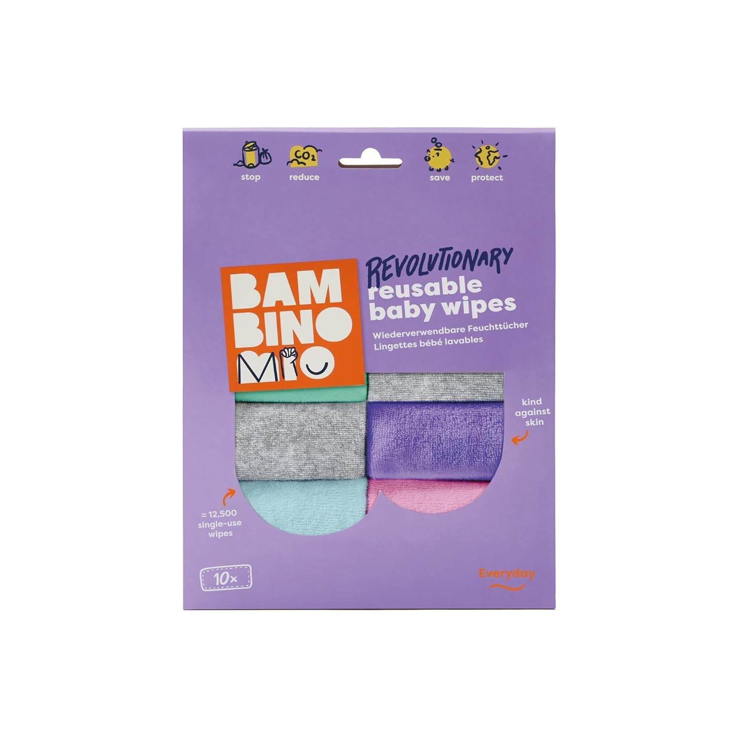 Bambino Mio wiederverwendbare Babytücher – Basic – umweltfreundlich, frei von Chemikalien, doppelseitig, waschbar, 10er-Pack, Wolke – Verpackung kann variieren