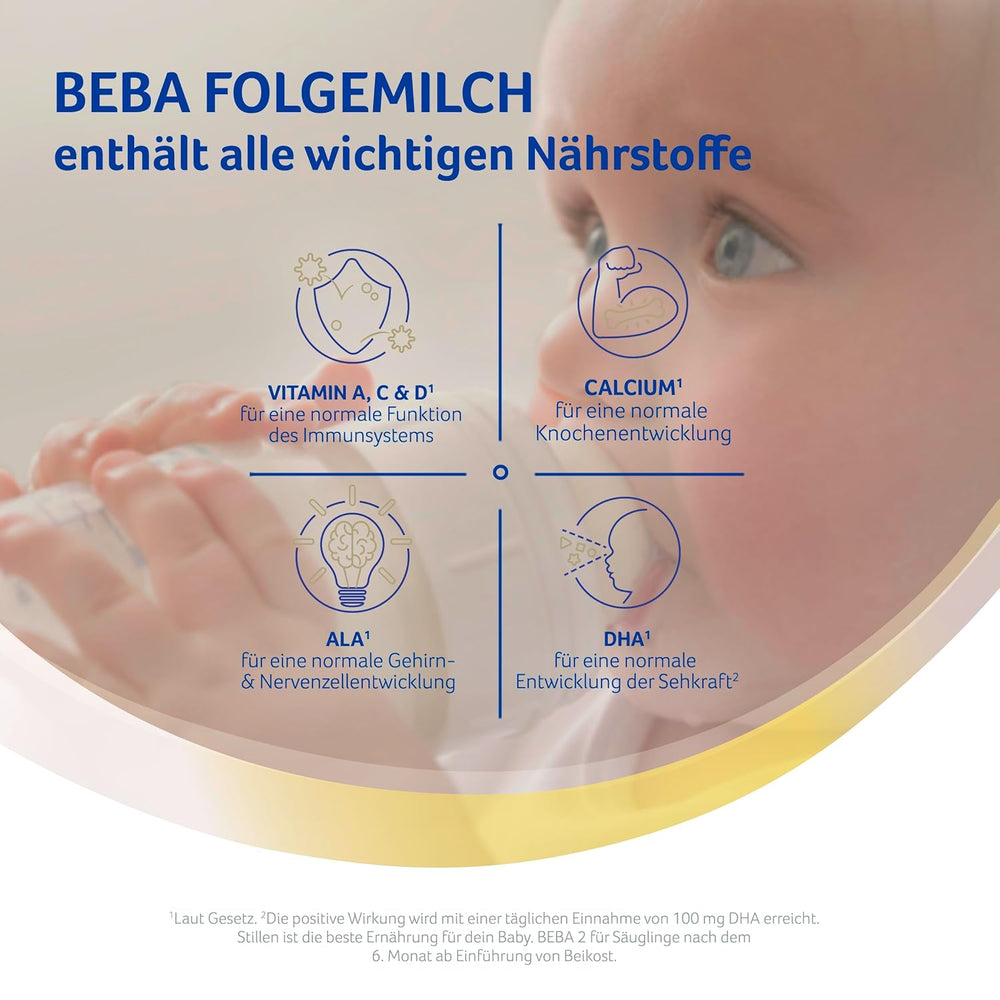 BEBA 2 - Folgemilch nach 6 Monaten, mit 5 HMO-Komplex, altersgerechter Proteingehalt, laktosefrei, palmölfrei, fischölfrei, Babynahrung, Babymilchpulver, 3er Pack (3 x 800g)