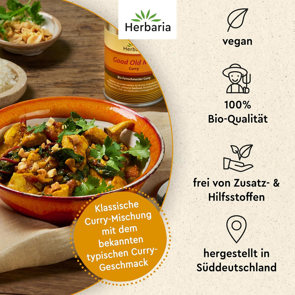 Herbaria Good Old Mild Curry bio 80g M-Dose – Currypulver, Currymischung - Bio-Gewürzmischung für klassische Curry-Spezialitäten z.B. Currywurst – erlesene Zutat in nachhaltiger Aromaschutz-Dose