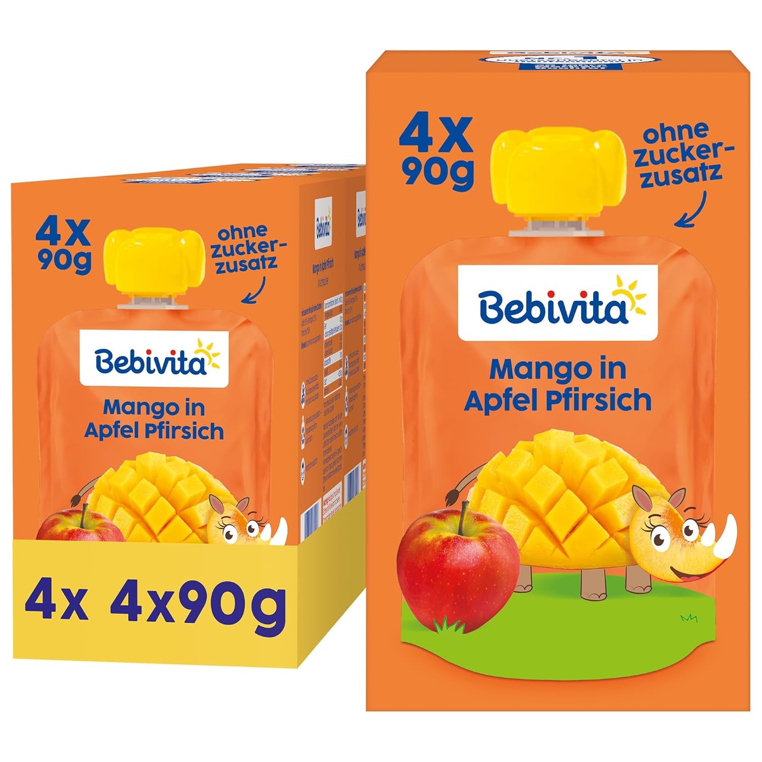 Mango-Apfel-Pfirsich-Quetschbeutel – 16er-Pack (4er-Pack, 4 x 90 g pro Stück), ohne Zuckerzusatz, glutenfrei, ideal für verpackte Snacks und unterwegs