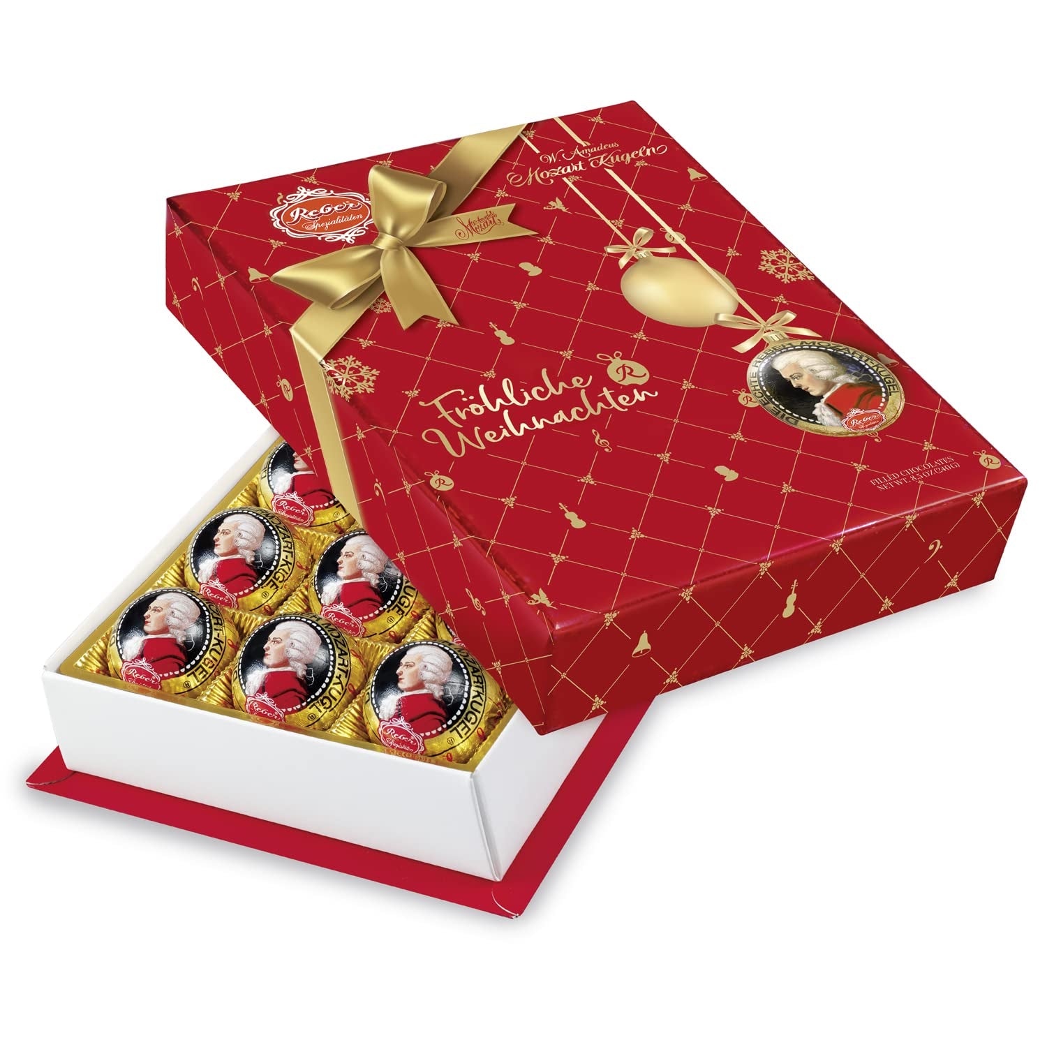 Reber Authentische Mozartkugeln Christmas Edition, dunkle Schokolade, Pralinen, Marzipan-Nougat, ideales Weihnachtsgeschenk, 12 Stück