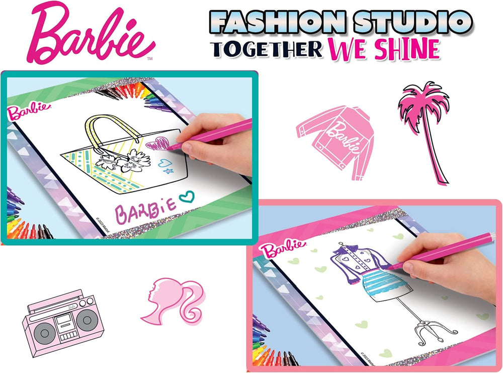 Lisciani – BARBIE – Skizzenbuch Set Wir Glänzen – Modestudio – Models zum Anziehen – Kreatives Spiel – Supermodische Kleidung – Farbmarker – Für Mädchen ab 4 Jahren