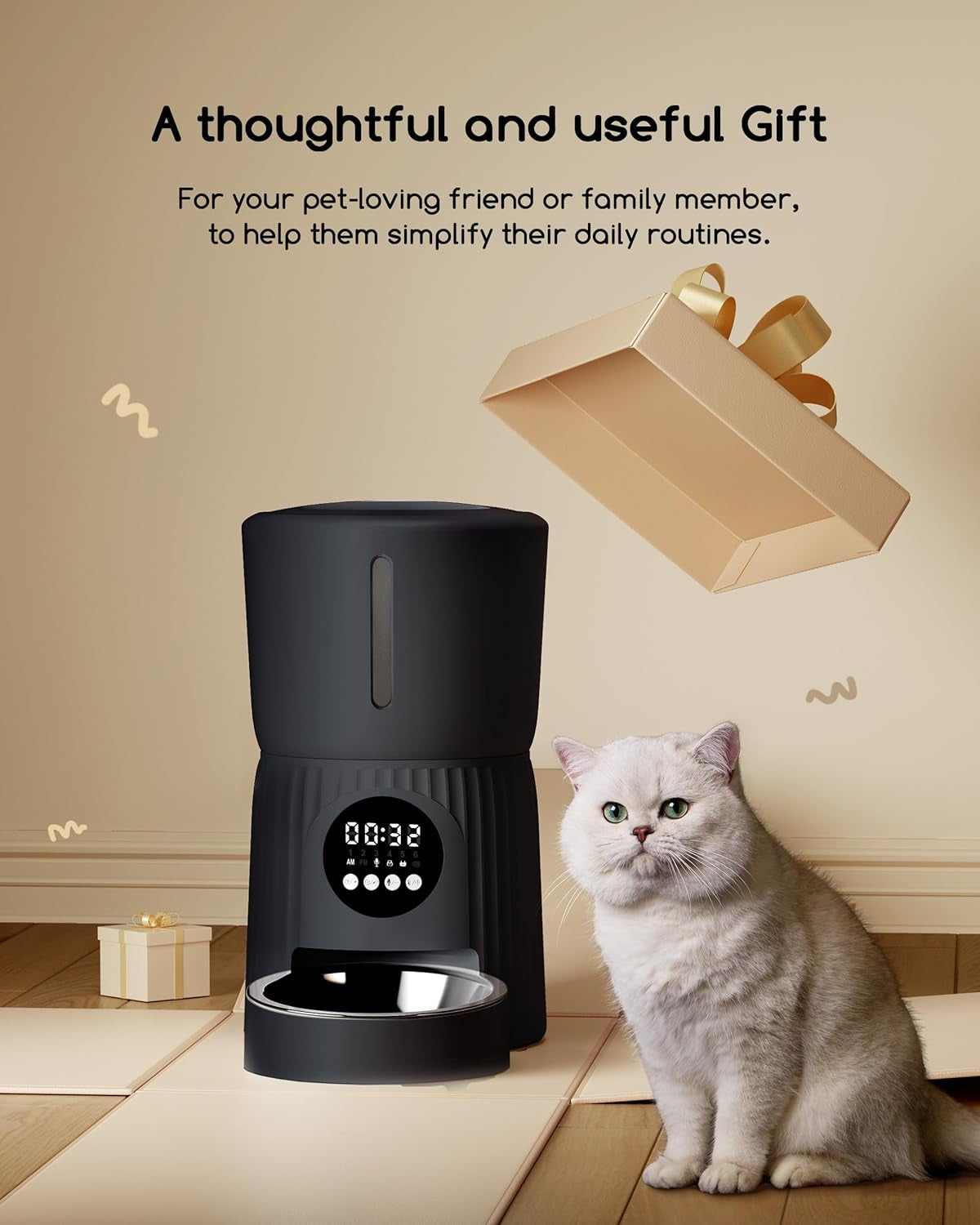 Faroro Futterautomat Katze, 4L Katzenfutter Automat, Futterspender Katze Mit 1–6 Mahlzeiten pro Tag, Portionskontrolle, 10s Sprache, Langsames Futter (Schwarz)