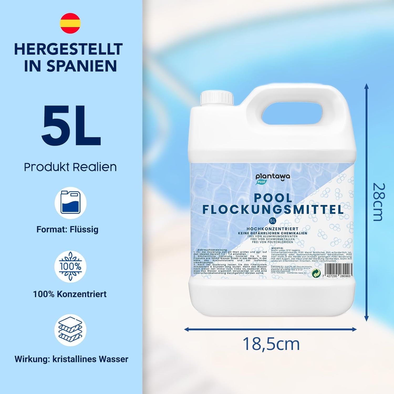 Floculant pentru piscină 5L | Floculant pentru piscină pentru apă cristalină | Foarte concentrat și economic | Potrivit pentru toate sistemele de filtrare | Fără aditivi nocivi