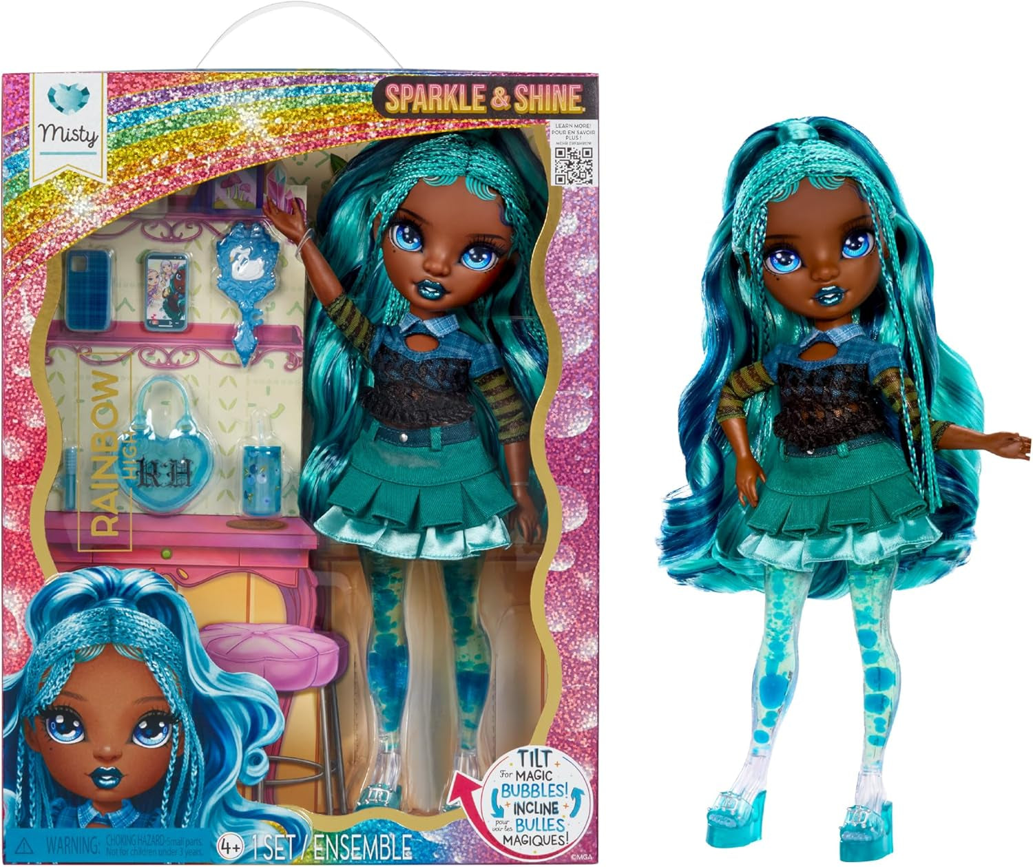 Păpușa Rainbow High Sparkle & Shine - Misty - Păpușă la modă de 28 cm cu păr turcoaz și bule magice în picioare, colorată, pentru coafat și joacă, articol de colecție, pentru copii de la 4 la 12 ani
