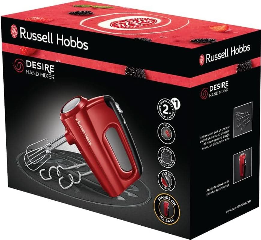 Russell Hobbs Handmixer [Handrührgerät] Desire Rot (5 Geschwindigkeitsstufen+Turbofunktion, 2 Spülmaschinengeeignete Rührbesen & Knethaken, Auswurftaste, Aufrechte Parkposition) Handrührer 24670-56 Bucatarie Naty Shop
