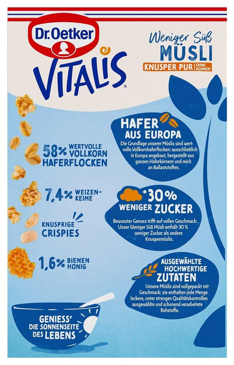 Dr. Oetker Vitalis Less Sweet Crunchy Pure: Knuspermüsli mit 30 % weniger Zucker, 5er Pack (5 x 600g)