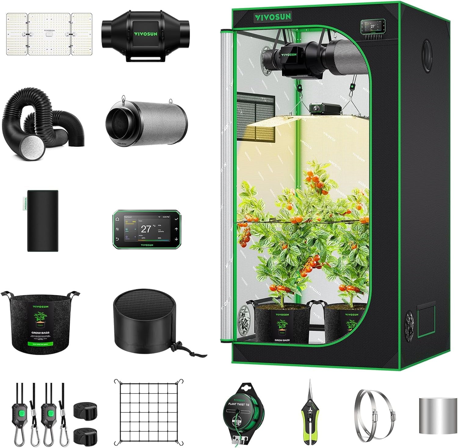 VIVOSUN Smart Grow Tent Komplettset 60 x 60 x 120 cm, integriertes automatisches WLAN-Wachstumssystem mit 100 W Vollspektrum-LED-Licht und effizientem Belüftungssystem mit GrowHub E42A+-Controller