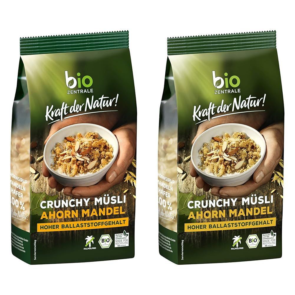 Knuspriges Ahorn-Mandel-Müsli | 375 g Bio-Knuspermüsli | Ideal zum Frühstück und einer Tasse Müsli zum Mitnehmen | Vegan und frei von Palmöl (2er-Pack)