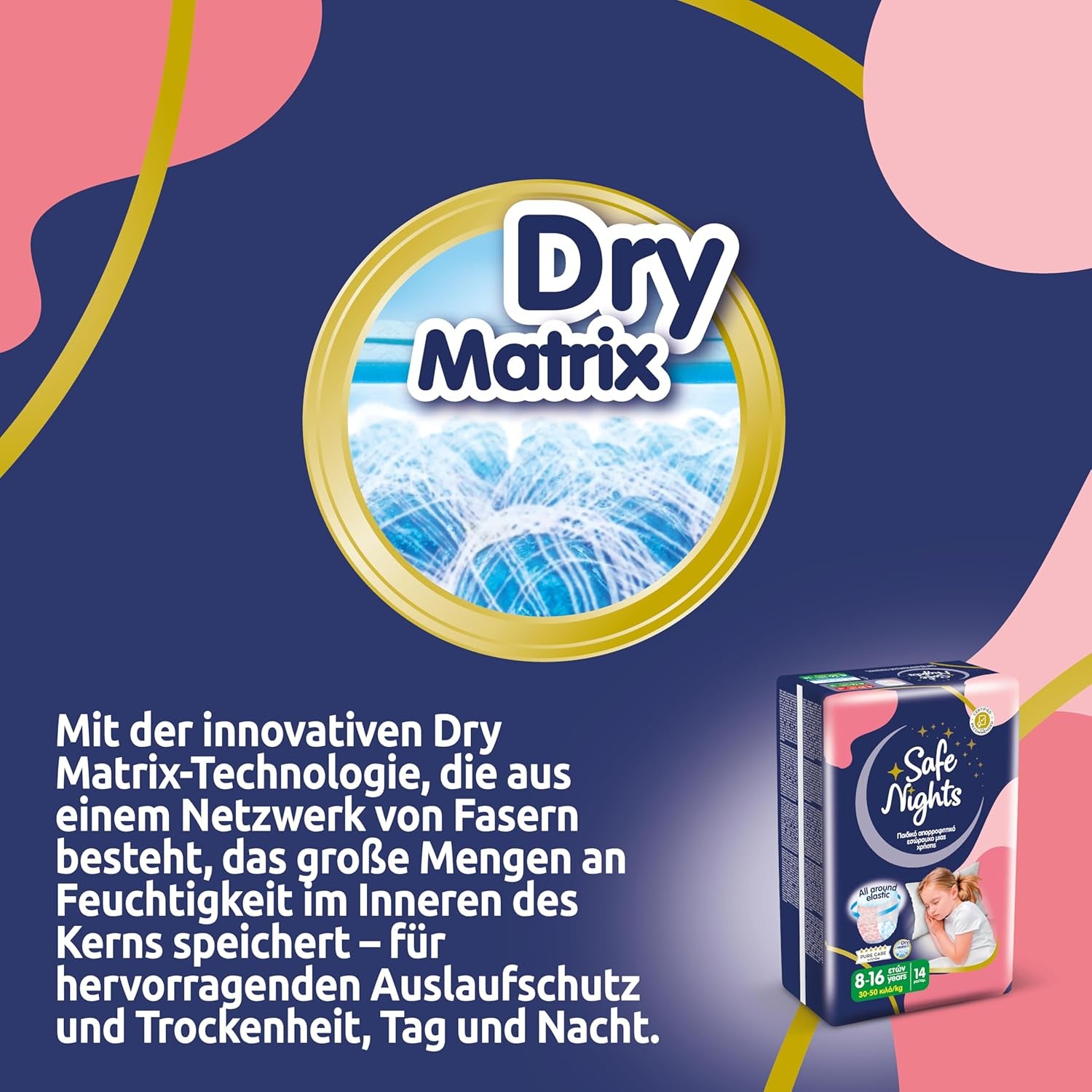 Safe Nights Girl, saugfähige Nachtwäsche für Mädchen von 8–16 Jahren (30–50 kg), 14er-Pack