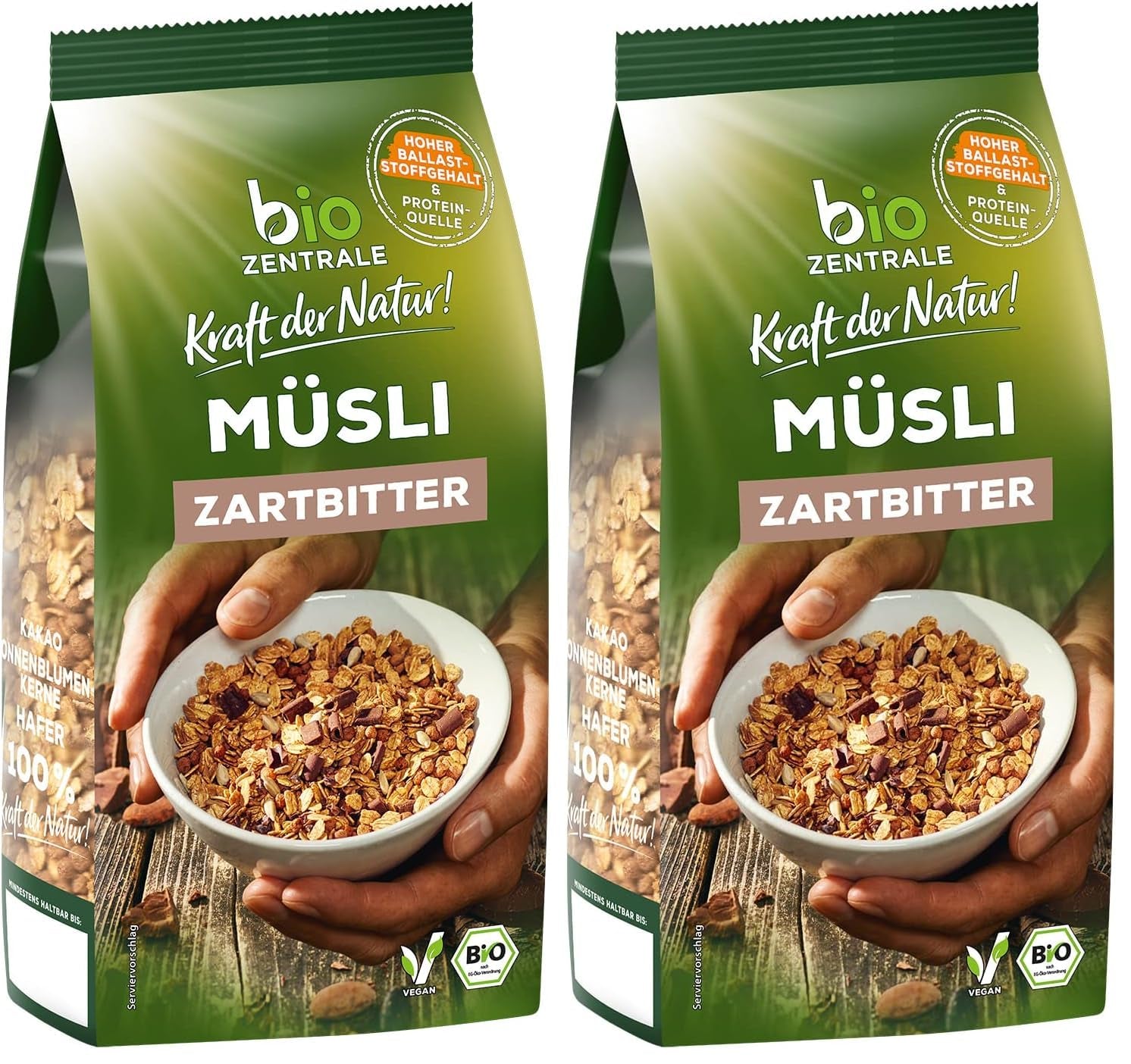 Biozentrales Müsli mit dunkler Schokolade | 500g Bio-Vegan | Ideal zum Frühstück und für die Tasse Müsli zum Mitnehmen | Alternative zu Müsliriegeln