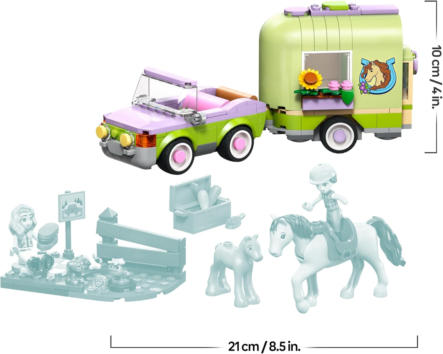 LEGO Friends Pferd und Fohlen mit Pferdeanhänger – Pferde Spieleset mit Pflegezubehör, 4 Tierfiguren, Auto & 2 Mini Puppen – Geschenkeidee zum Geburtstag für Mädchen ab 7 Jahren – 42695