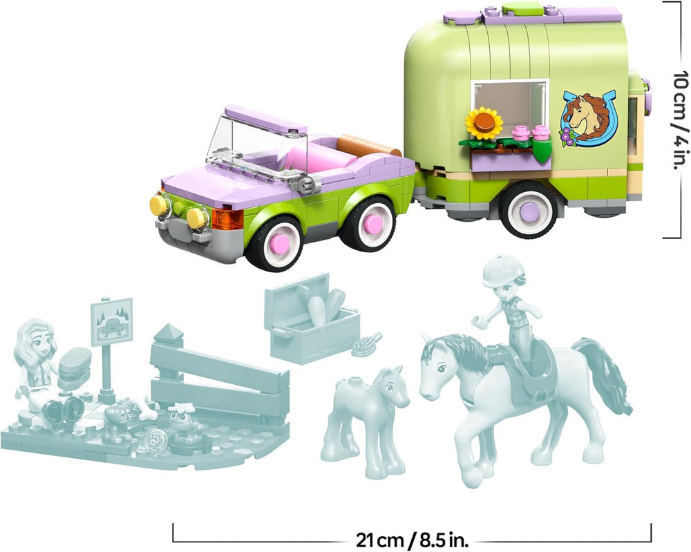 LEGO Friends Pferd und Fohlen mit Pferdeanhänger – Pferde Spieleset mit Pflegezubehör, 4 Tierfiguren, Auto & 2 Mini Puppen – Geschenkeidee zum Geburtstag für Mädchen ab 7 Jahren – 42695