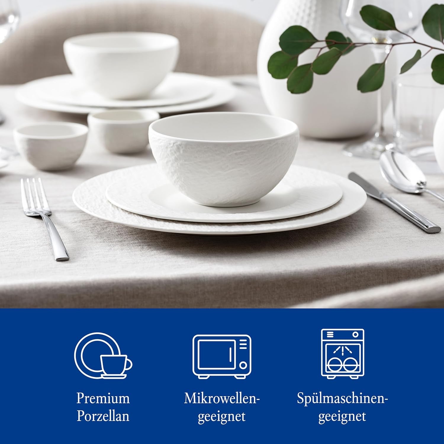 Villeroy & Boch - Manufacture Rock Blanc Geschirrset 6 teilig weiß, Spülmaschinenfest, Mikrowellensicher, Geschirr Modern, Starter Set, Speiseteller, Pastateller, Müslischalen, Premium Porzellan