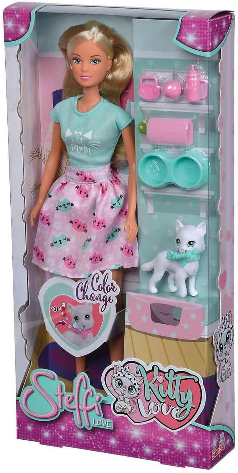 Simba 105733489 - Steffi Love Kitty Love, Puppe in einem modischen Outfit mit süßer Katze mit Essen um den Mund, mit viel Zubehör