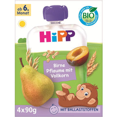 HiPP Bio-Birnen- und Pflaumensäckchen, Vollkorn, 16 Stück (4 Packungen à 4 x 90 g), für Babys ab 6 Monaten, ohne Zuckerzusatz, vegan, beste Bio-Qualität