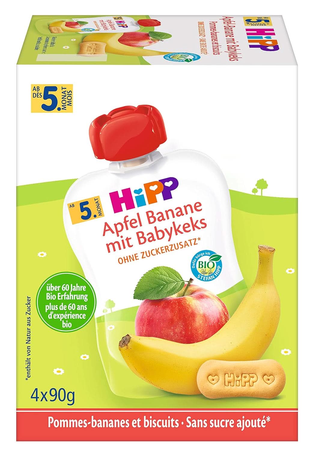 Hipp Quetschbeutel für Babys, Früchtebrei, Mango-Pfirsiche in Banane mit Hafer, 100 % Bio-Früchte ohne Zuckerzusatz, 4 x 4 Beutel à 90 g Mutter und Kind Naty Shop 4 x 4 Beutel à 90 g Banane mit Äpfeln und Keksen für Kinder