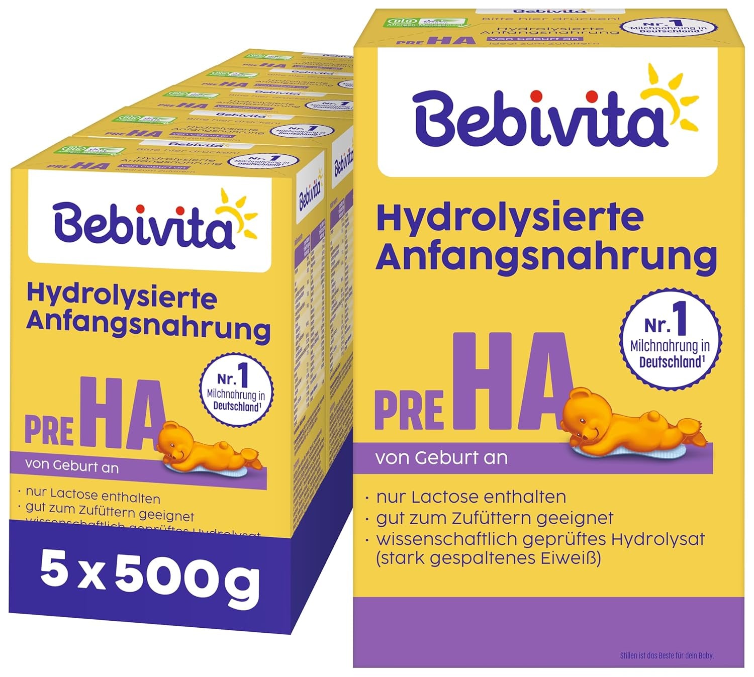 PRE HA (5 x 500 g), hydrolysierte Milchpulverformel von Geburt an, enthält nur Laktose als Kohlenhydrat, zur Ergänzungsfütterung geeignet
