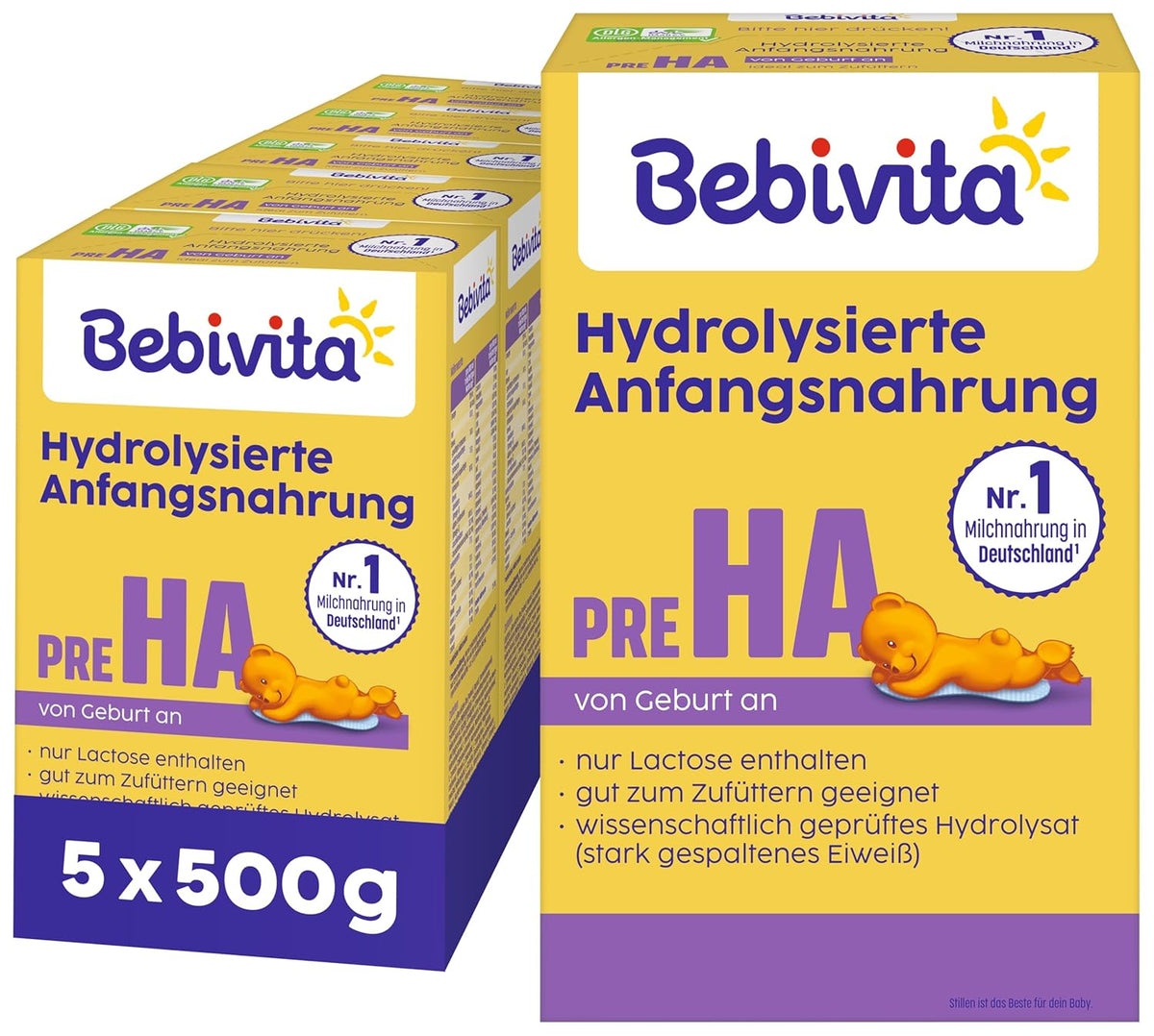 PRE HA (5 x 500 g), hydrolysierte Milchpulverformel von Geburt an, enthält nur Laktose als Kohlenhydrat, zur Ergänzungsfütterung geeignet