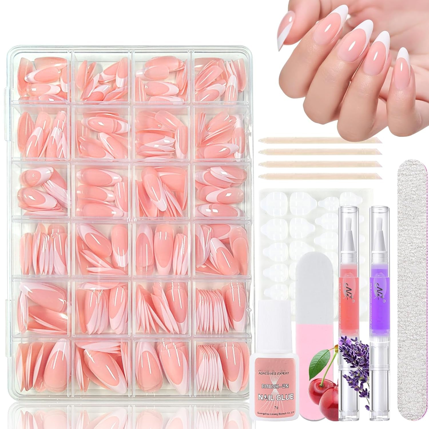 Set 360 de bucăți de unghii false cu balerină în gradient, unghii artificiale cu gradient roz și alb pentru lipire cu 2 bucăți de stilouri cu ulei pentru unghii, unghii false medii ombre pentru femei DIY