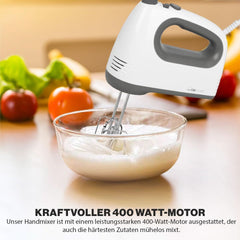 Clatronic Mixer | Kraftvoller 400 Watt-Motor | Handmixer | Turbostufe & 5 Geschwindigkeitsstufen | Handmixer | Spülmaschinengeeignete Edelstahlquirle und -Knethaken | HM 3775 Küche Naty Shop