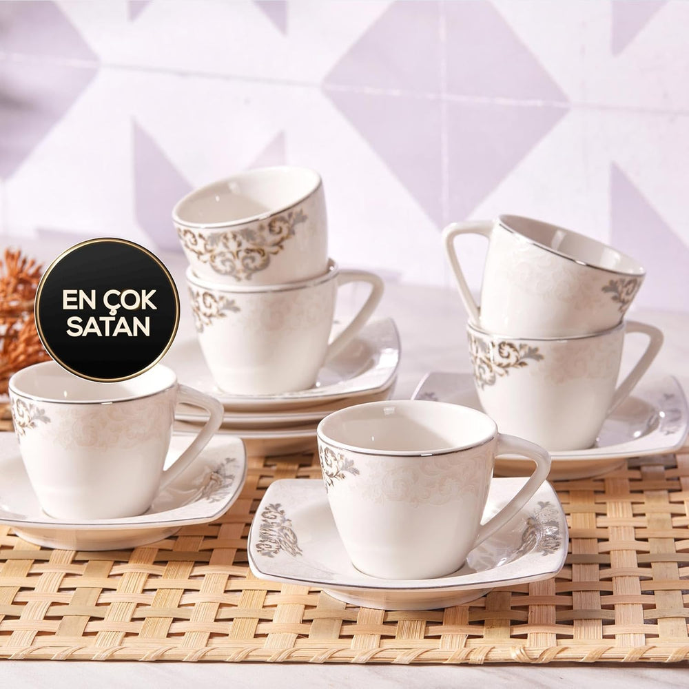 Set de cești espresso din porțelan KARACA Nazende - cești de cafea turcească de 80 ml cu farfurioare, serviciu de cafea modern cu 12 piese cu 6 cești de cafea și 6 farfurioare, cești Mocha - alb