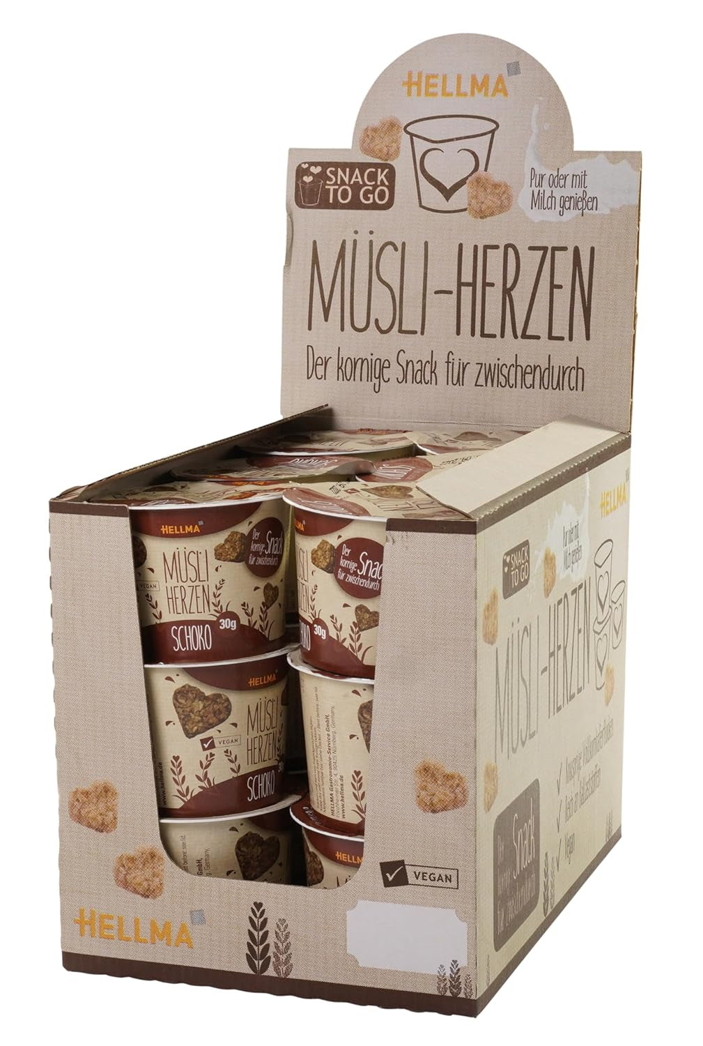 HELLMA Herzen mit Müsli und Schokolade – 18 Portionen à 30 g – Mit Schokolade überzogene Haferflocken in Herzform, Take-away-Gläser