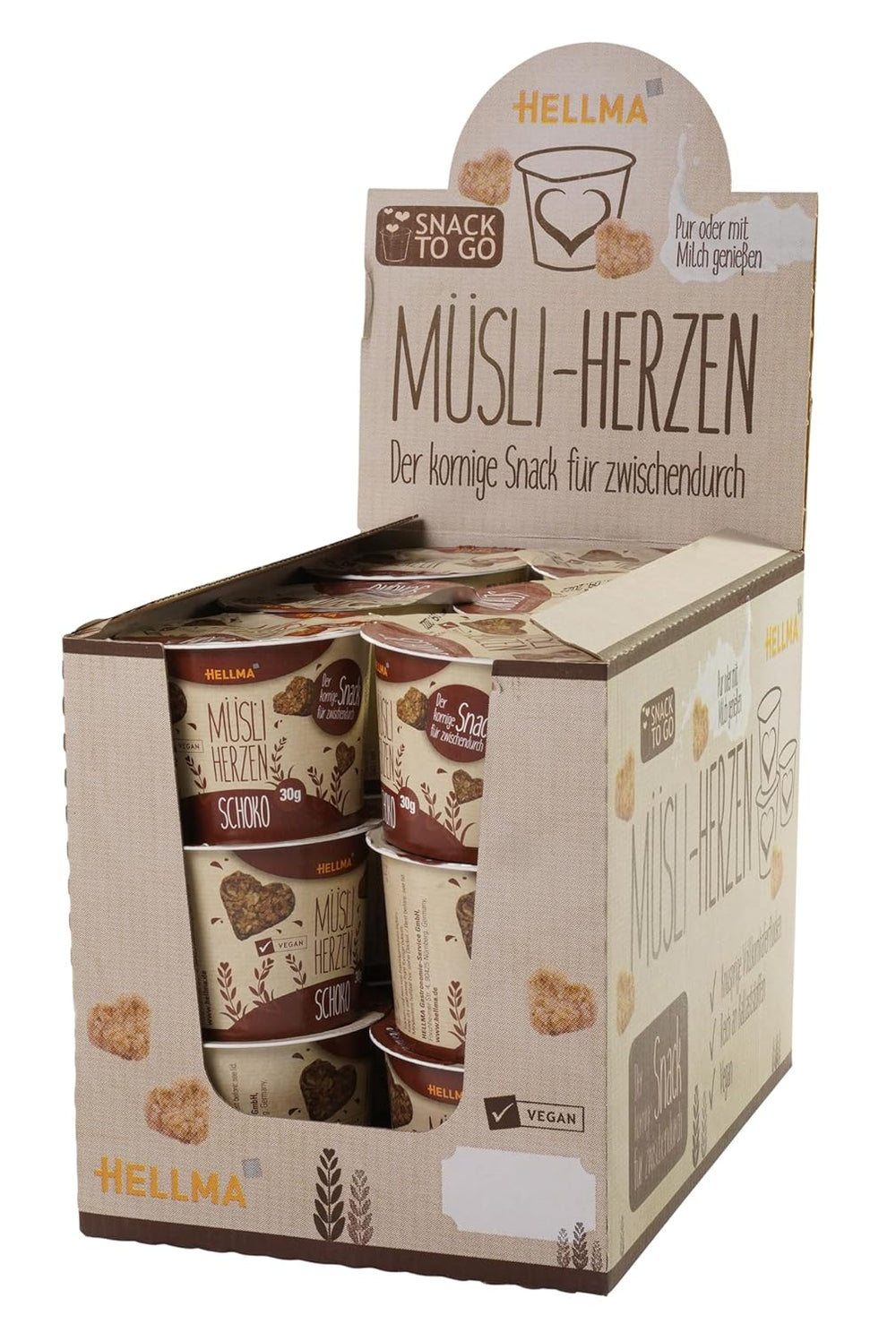 HELLMA Herzen mit Müsli und Schokolade – 18 Portionen à 30 g – Mit Schokolade überzogene Haferflocken in Herzform, Take-away-Gläser