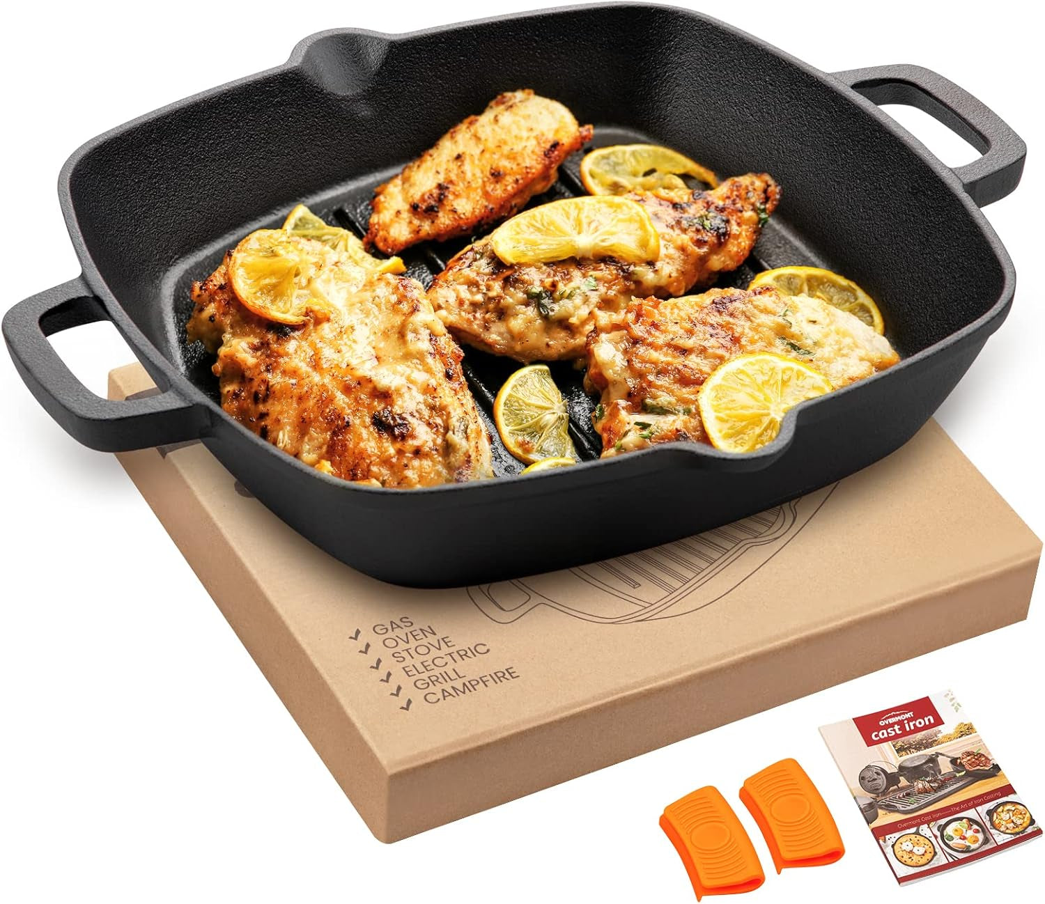 OVERMONT Grillpfanne aus Gusseisen mit Griff Töpfe und Pfannen Naty Shop Quadratisch 26 cm