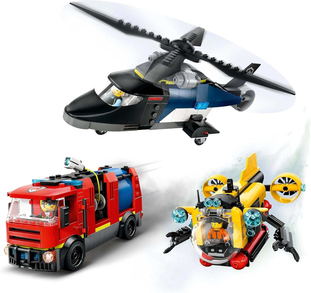 LEGO City Combo-Set mit Hubschrauber, Löwenauto und U-Boot sowie 3 Minifiguren – baubare Spielzeugfahrzeuge für Jungen und Mädchen ab 7 Jahren – Geburtstags- und Weihnachtsgeschenk 60462 Bausets Besuchen Sie den LEGO-Store