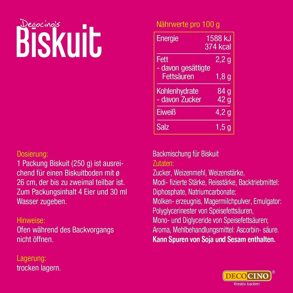 DECOCINO Biscuit Backmischung (250 G) – Einfache Zubereitung – Gelingsicher – Zum Backen Von Luftigen Biskuitböden, Creme-Torten, Biskuitrollen Uvm. Naty Shop