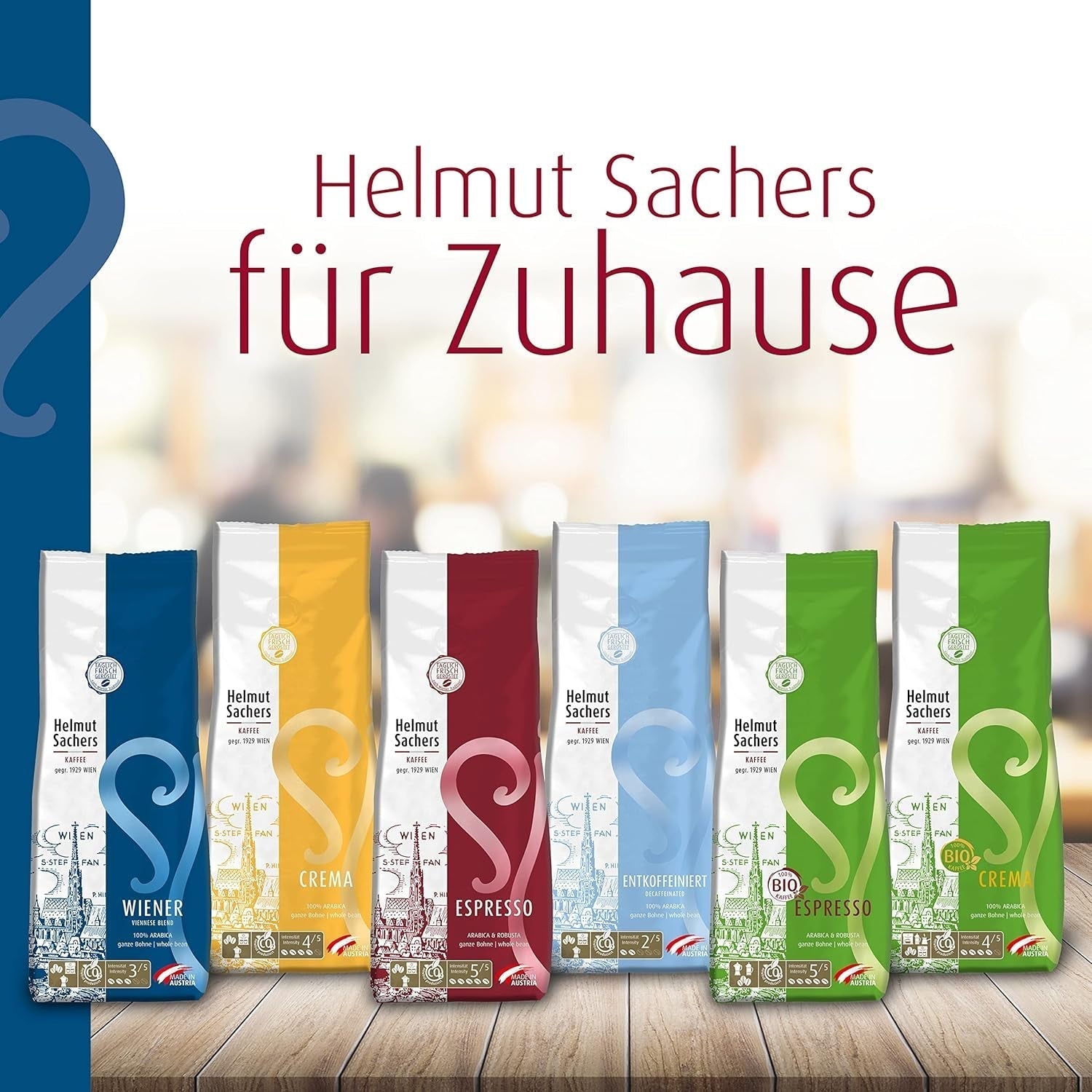 Helmut Sachers Kaffee – Wiener Mischung, Stärke 3/5, 100 % Arabica, ganze Kaffeebohnen, 6 x 500 g Naty Shop