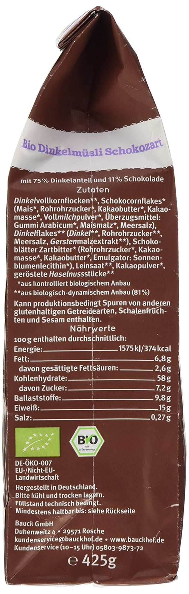 Bauck HOF Dinkelmüsli Schokozart, 425G (1Er Pack) Cereale Naty Shop