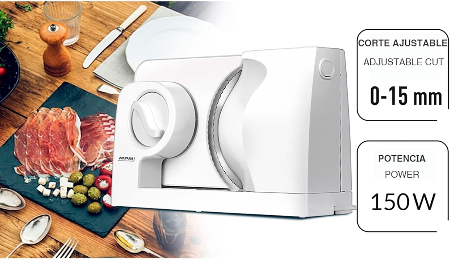 MPM MKR-05 Universeller elektrischer Allesschneider, einstellbare Schnittstärke bis 15 mm, 150 W. Aktenvernichter und Schneidemaschinen Naty Shop