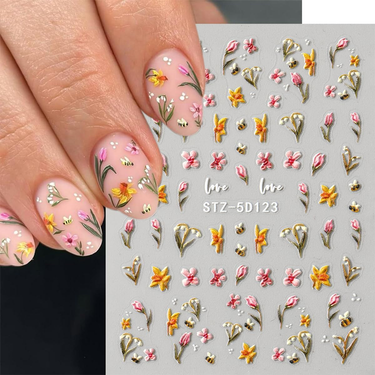 JMEOWIO 3D Nagelsticker Blumen Frucht Nail Art Sticker Selbstklebend Nagelaufkleber 5D Stereoskopisch Dekoration Nageldesign Zubehör 4 Blatt