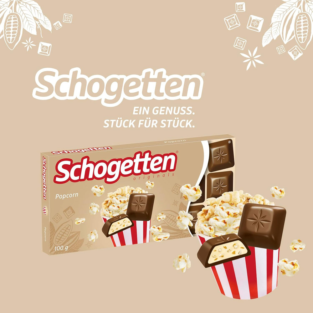 Schogetten Popcorn 1 Tafel Schokolade x 100g, Milchschokolade mit Popcorn und Maisstückchen, praktische Einzelstücke. Eine Delikatesse. Stück für Stück.