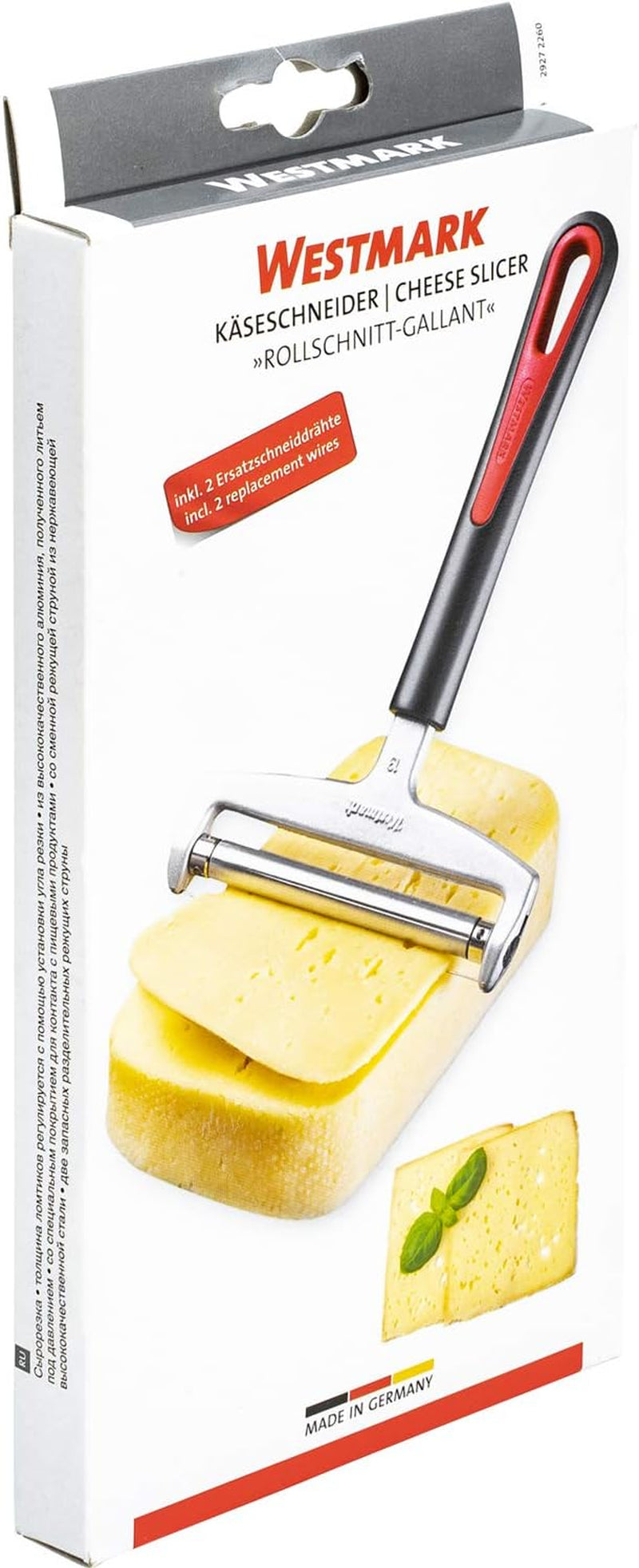 Westmark Käseschneider mit Rolle und auswechselbarem Schneiddraht, Variable Schnittstärke, Breite: 12 cm, Rostfreier Edelstahl/Aluminium/Kunststoff, Schwarz/Rot, 29272260, 17 x 12 x 2 cm