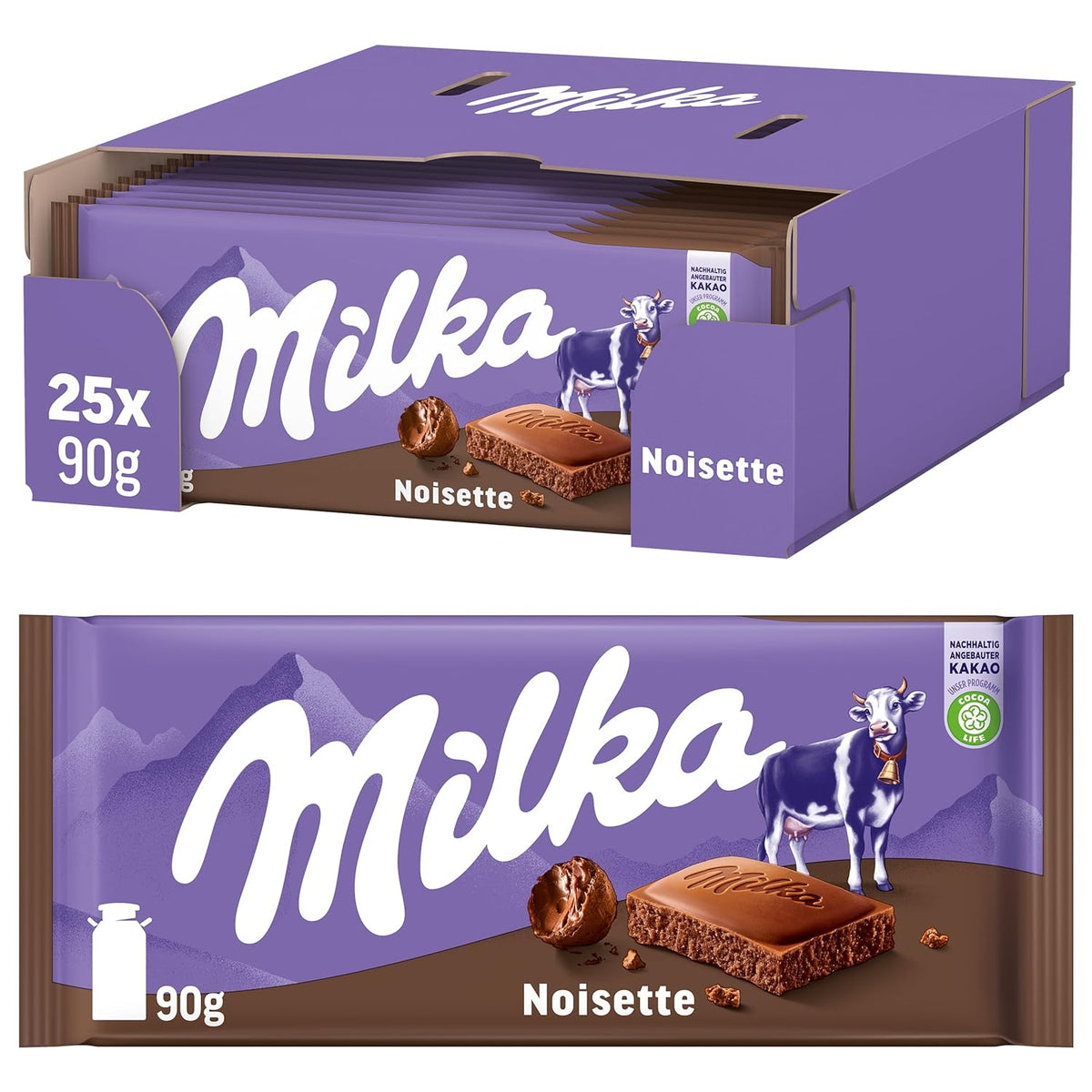 Milka Noisette – Alpenmilchschokolade mit zart-cremiger Haselnussfüllung – 25 x 90g