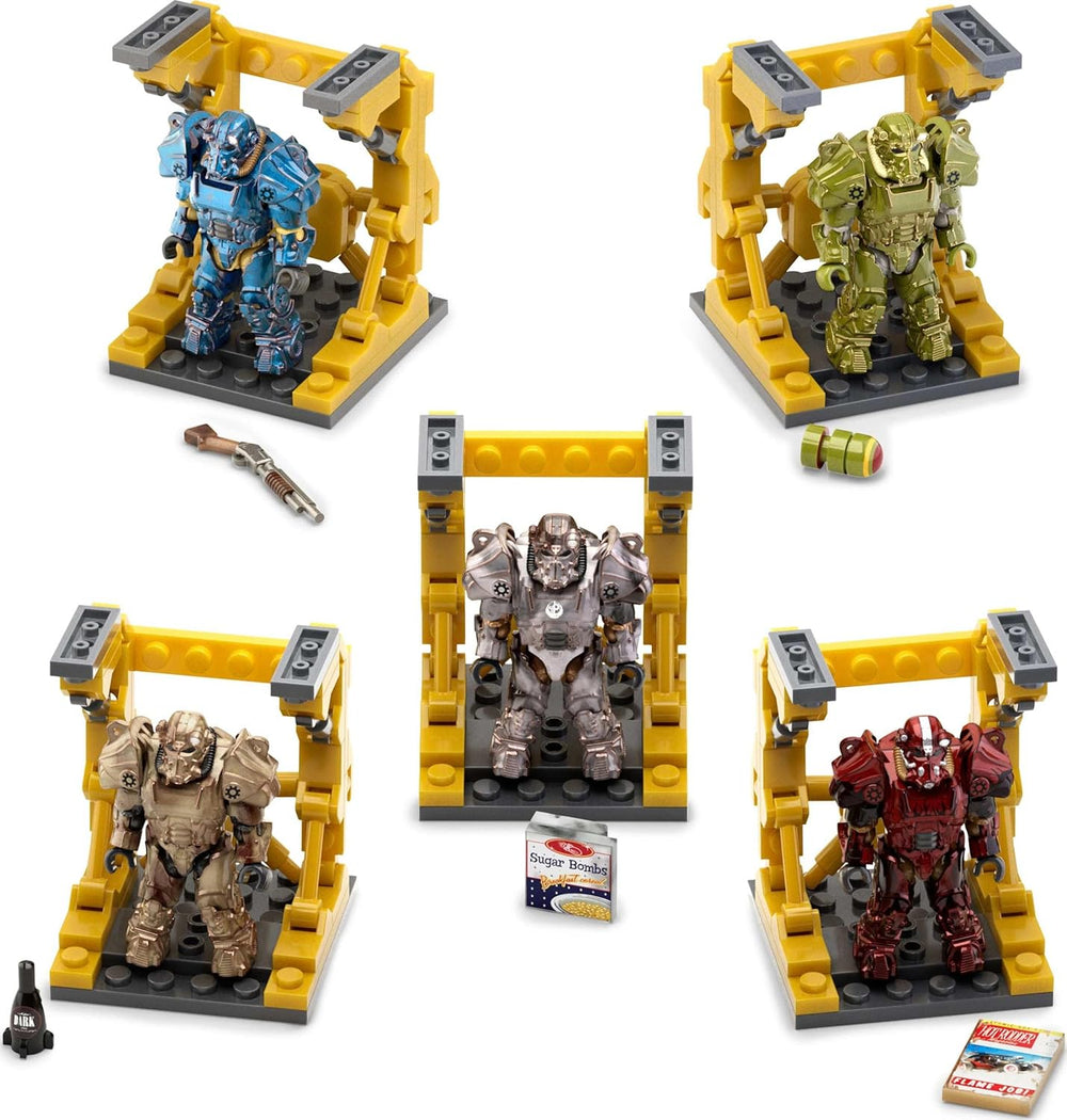 MEGA Fallout Action Figure Bauspielzeug, T-60 Power Armor Collection mit 327 Teilen, 5 Mikro-Actionfiguren und Zubehör, für Sammler