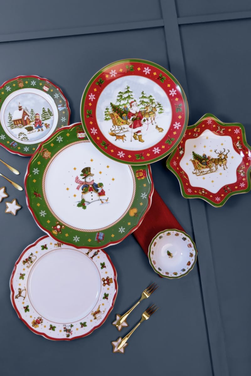 Set de veselă de Crăciun Hutschenreuther Happy Wintertime roșu pentru 6 persoane, porțelan, multicolor, 6 farfurii de mic dejun, 6 farfurii de cină și 6 farfurii de sumă, potrivit pentru mașina de spălat vase și cuptorul cu microunde