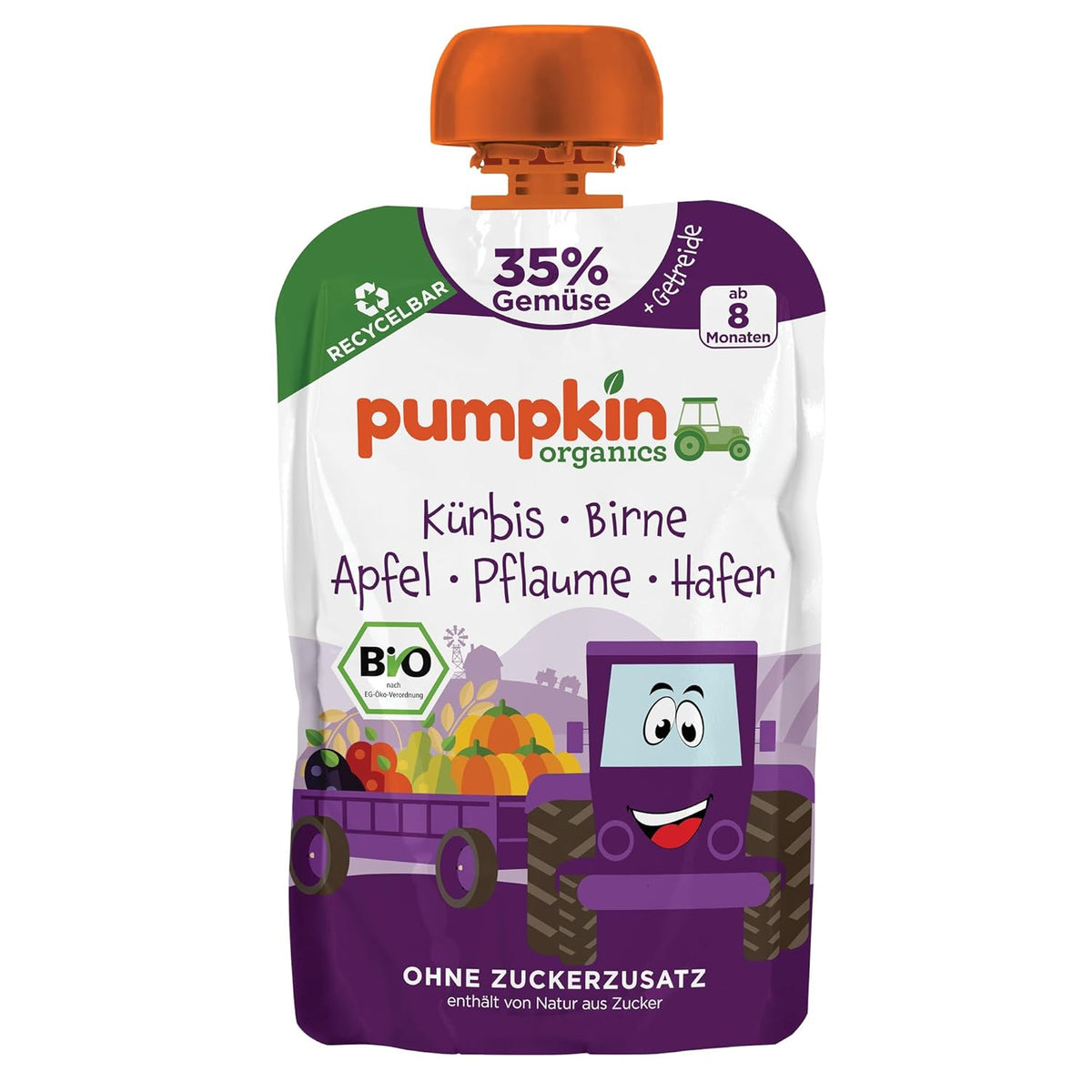 Pumpkin Organics Bio Gemüse-Getreide-Quetschie Kürbis, Birne, Apfel, Pflaume, Hafer ohne Zuckerzusatz¹ - ab 8 Monaten - als Snack oder Beikost für unterwegs (100g)