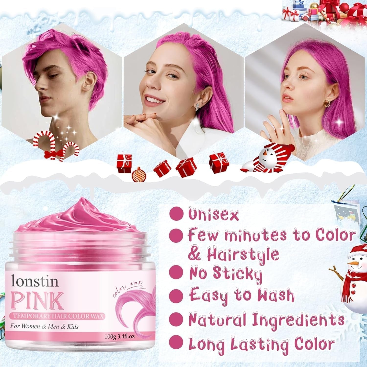 Vopsea de păr temporară roz lavabilă, ceară de păr temporară Culoare coafură naturală Pomade Vopsea de păr lavabilă pentru bărbați femei Party Cosplay Halloween Crăciun Vopsea pentru par Naty Shop