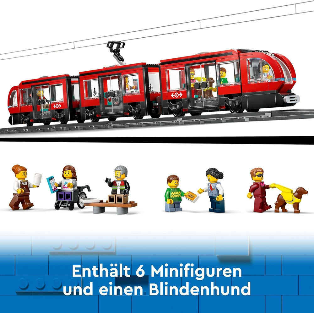 LEGO City Straßenbahn mit Bahnhof, Geschenkidee für Fahrzeugspielzeugfans ab 7 Jahren, mit 6 Minifiguren und einem Blindenhund zum Rollenspiel, Bauspielzeug 60423 Bausets Besuchen Sie den LEGO-Store