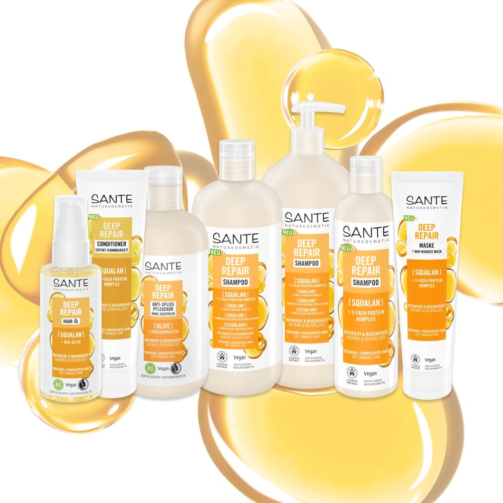 SANTE Natural Cosmetics Deep Repair Mask Squalane + complex proteic de 3 ori, mască de păr vegană pentru hidratare intensă și păr flexibil, repară și regenerează părul deteriorat, 150 ml Masca de par Naty Shop