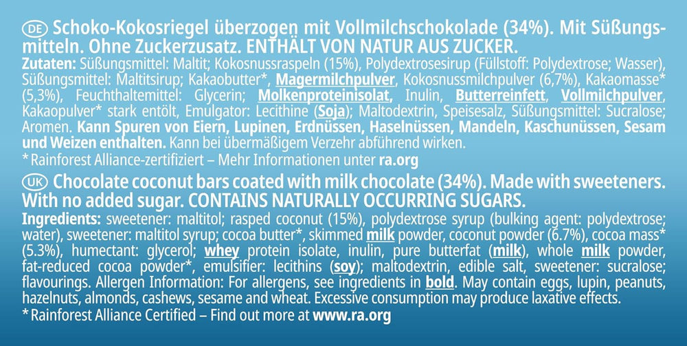 frankonia SCHOKOLADE OHNE ZUCKERZUSATZ Schokoriegel und Kokosnuss, 100 g (3x33 g)